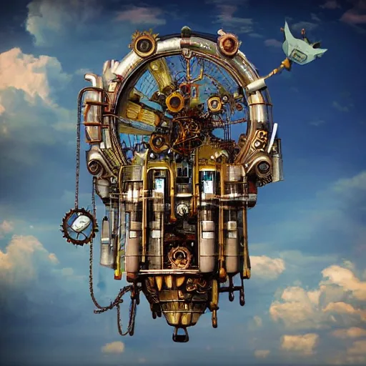 Image similar to flying city in a mechanical flower, sky, steampunk, fantasy art, steampunk, masterpiece, octane