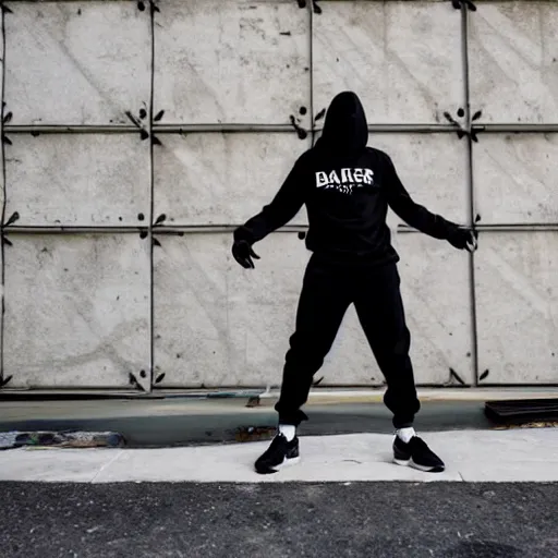 Image similar to photo of a dabbing man, in black hoodie and black pants, broad daylight in front of construction site barier wall