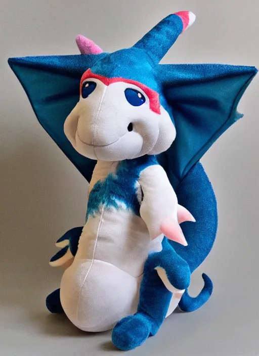 Prompt: a dragon plush. beautifully made, detailed, cute, soft. high quality, studio lighting, product image