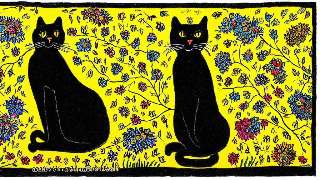 Prompt: a very detailed image of a big black cat wearing a yellow raincoat standing on his back feet in a style of louis wain and sid mead, cinematic, wide lense