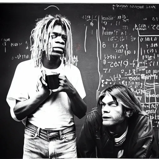 Prompt: medium format photo of jean - michel basquiat and kurt cobain photographed by annie leibovitz in a hi end photo studio, photorealistic, atmospheric,