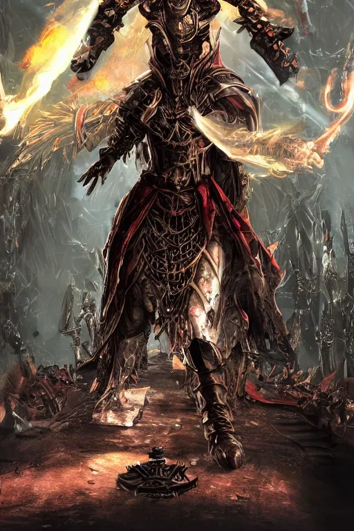 Image similar to Path of Exile, Sirius, clear [bronze] face, luminous red eyes, male image with bronze black armor, sitting on the throne, inside the ruined gothic church, black shadows, red lasers, dark red bloody fog, black tornadoes fly around, [[blood]], Anachronism, painting, dark fantasy, steampunk, 4k, perfect quality,