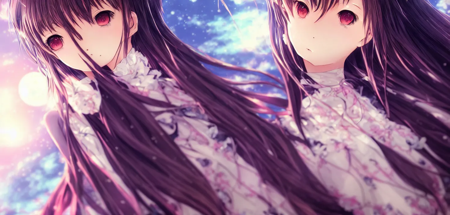 Image similar to portrait two beautiful anime girls wear anime dress closeup | | sunny night, full moon, dreamlike art, realistic shaded, smile, good looking, hyper details, 4 k realistic, cryengine, realistic shaded lighting poster by artgerm, ross tran, fuji choko, 8 k resolution, trending on artstation, luxury