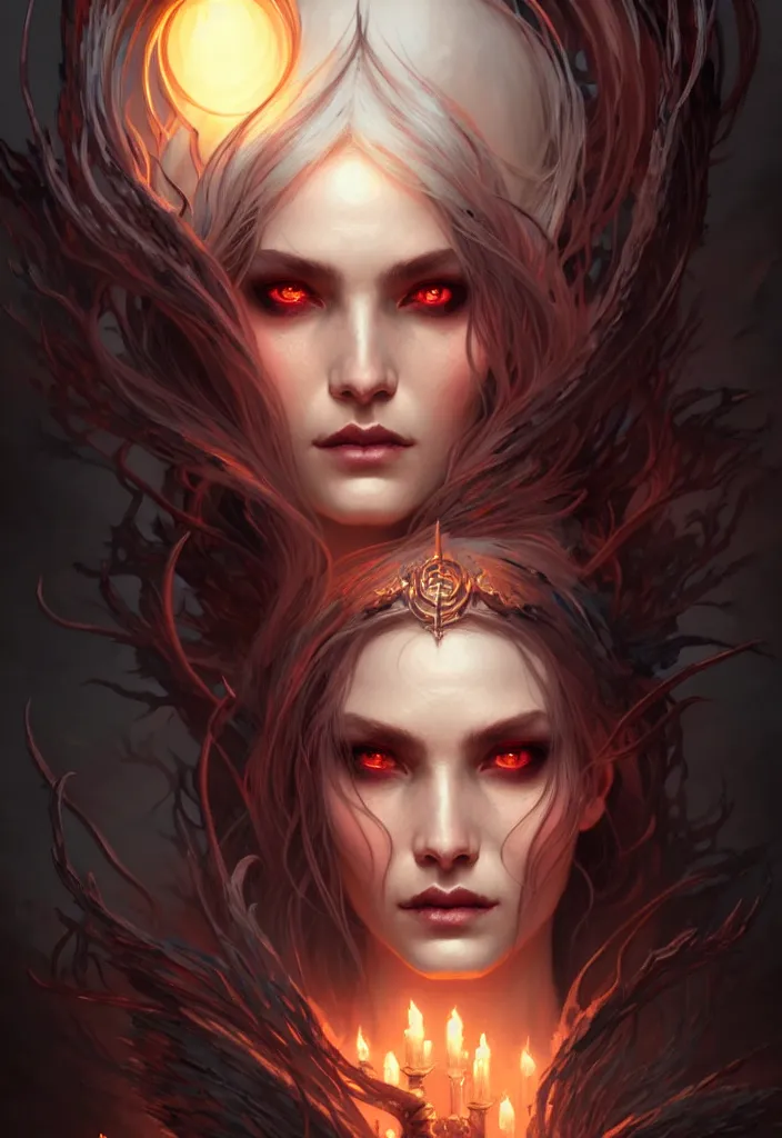 Image similar to Necromancer Sorceress face in center, fantasy magic, undercut hairstyle, dark light night, intricate, elegant, sharp focus, illustration, highly detailed, digital painting, concept art, matte, art by WLOP and Artgerm and Greg Rutkowski and Alphonse Mucha, masterpiece