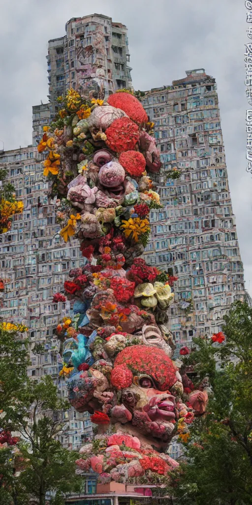 Prompt: colossal grotesque flower statue made from Lenin heads and colorful alien flowers in the middle of abandoned early soviet constructivist cityscape, Stalinist architecture, ultradetailed by Hayao Miyazaki and Josan Gonzalez and Makoto Shinkai and Giuseppe Arcimboldo and Wes Anderson