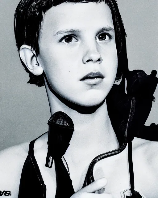 Image similar to close up photo of millie bobby brown by yoji shinkawa, black and white