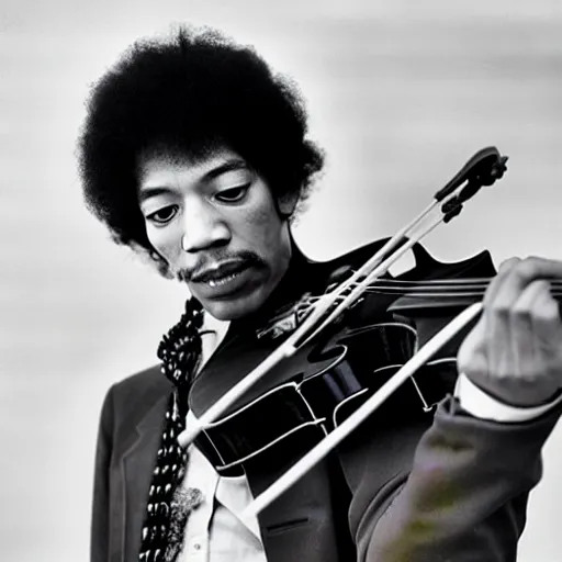 Image similar to a photograph of Jimi Hendrix playing the violin