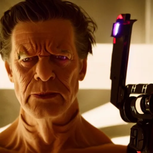 Image similar to movie still of a villain cyborg, facial expression, cinematic composition, cinematic light, surreal cinema, by edgar wright and david lynch,