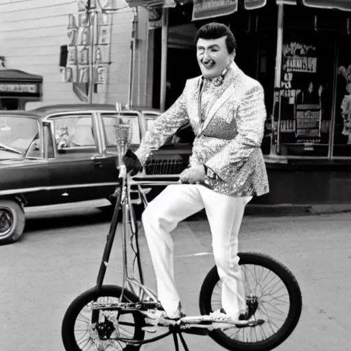 Image similar to a photo of liberace on a unicycle, san francisco