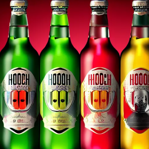 Prompt: hooch alcohol, cider, packaging design, playful, bold colours, glass bottle, label design, behance, packaging of the world