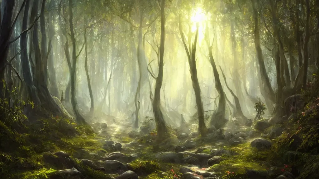 Image similar to The most beautiful painting in the world; an oil painting of a hauntingly beautiful elven forest in the morning; rays of light coming through the canopy; trending on artstation; extraordinary masterpiece!!!!!!; 8k