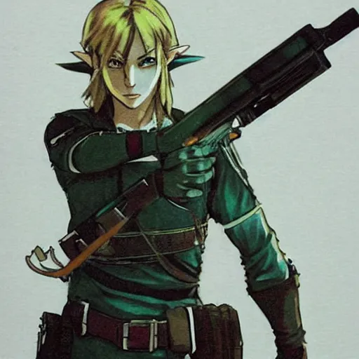 Image similar to link from zelda wearing a resident evil suit with gun by yoji shinkawa, concept art