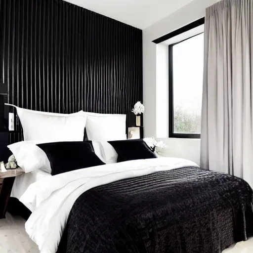 Prompt: bedroom, interior design, stylish luxury hotel bedroom design, black vertical slatted timber, !stone, textures, feminine, black walls, art, vase with flowers, Japanese and Scandinavian influences