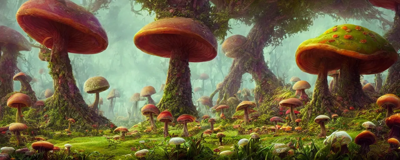 Image similar to ” whimsical world of giant mushrooms, flowers, trees, twisted roots and happiness, [ by paul lehr, cinematic, detailed, epic, widescreen, opening, establishing, mattepainting, photorealistic, realistic textures, octane render ] ”