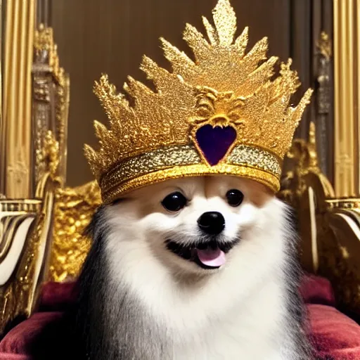 Image similar to a Pomeranian wearing a golden crown is sitting on the King's throne