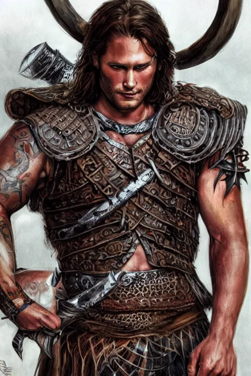 Image similar to front portrait of attractive sam winchester as a viking warrior, clothes torn apart, muscular chest tattooed with runes and symbols, d & d!, fantasy style, sharp focus!, ultra detailed, art by artgerm and peter andrew jones, wlop