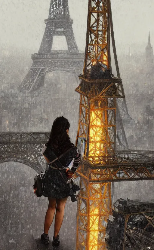 Image similar to Portrait of a latina teen climbing the Eiffel Tower in the rain at night, spy thriller, highly detailed, digital painting, artstation, realistic, concept art, illustration, art by Greg Rutkowski and alphonse mucha