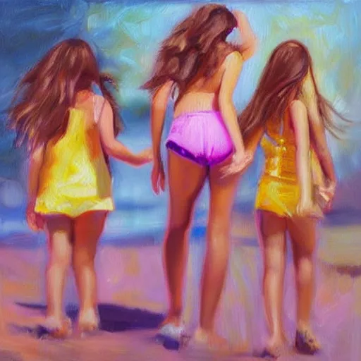 Prompt: “springbreak party, 3 young girls, hyper realistic oil painting”