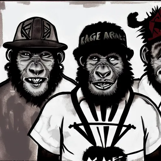 Prompt: rage against the machine band characters in style of primal apes, digital painting, artstation, 8 k,