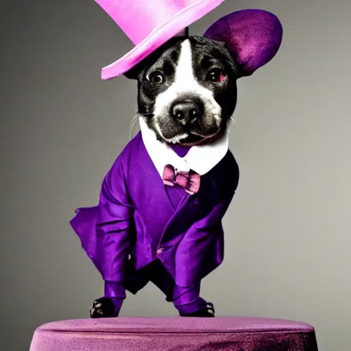 Prompt: a purple dog wearing a top hat