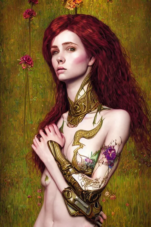 Image similar to portrait of beautiful young mainem, warhammer, cyber style, a lot of more scars, more and more flowers, the middle ages, highly detailed, artstation, illustration, artgerm sylvari portrait, 8 k quality, art by gustav klimt