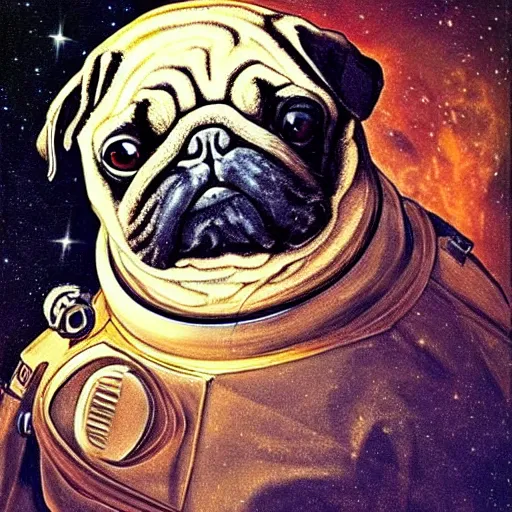 Prompt: golden - ratio, spirals, highly detailed, astronaut pug in outer space painted by davinci.