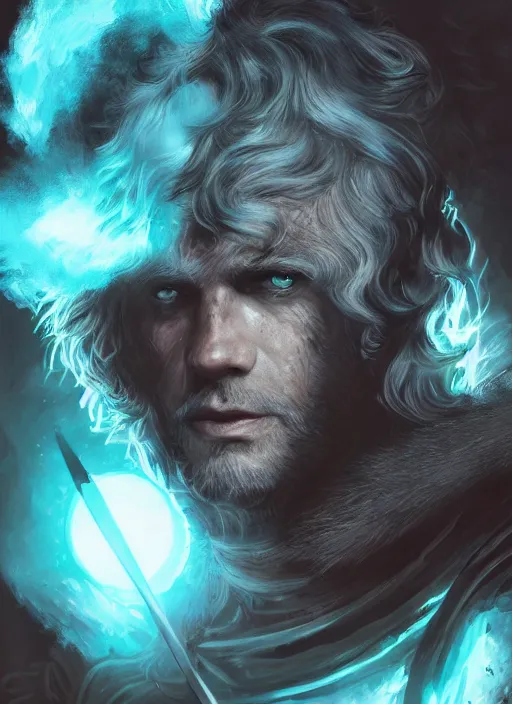 Image similar to An epic fantastic realism comic book style portrait painting of arrogant aasimar hexblade warlock, teal electricity, male, shaggy silver hair, short beard, dark gray cloak, 4k, 8k, Apex Legends Concept Art, D&D Concept Art, unreal 5, DAZ, hyperrealistic, octane render, cosplay, RPG portrait, dynamic lighting