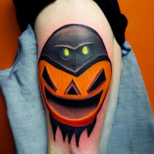 Image similar to cartoon tattoo of an angry pumpkin with glowing eyes