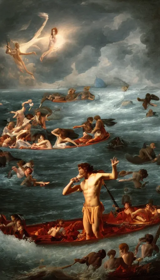 Prompt: man on boat crossing a body of water in hell with creatures in the water, sea of souls, by guillaume seignac