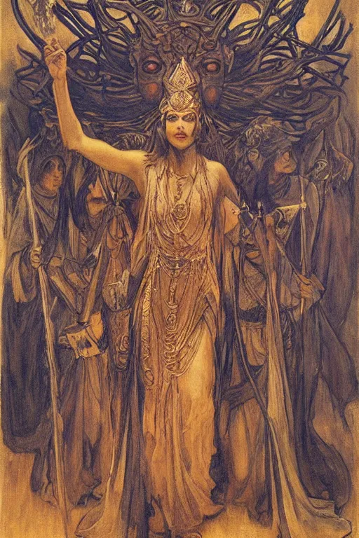 Image similar to queen of the underworld with her lantern and retinue, by Annie Swynnerton and Nicholas Roerich and jean delville, strong dramatic cinematic lighting , ornate headdress , flowing robes, lost civilizations, smooth, sharp focus, extremely detailed