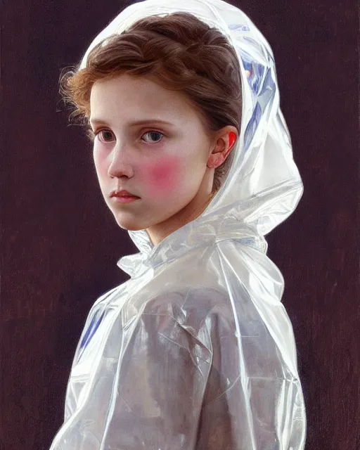 Prompt: a realistic portrait painting of a thoughtful girl resembling a young, shy, redheaded alicia vikander or millie bobby brown wearing a clear raincoat, highly detailed, intricate, concept art, artstation, by donato giancola, alphonse mucha, and william bouguereau