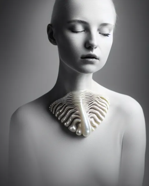 Prompt: dreamy foggy elegant soft luminous bw profile face portrait photo, beautiful young biomechanical - porcelain - female - cyborg with a delicate detailed mandelbrot fractal texture skin and a very long neck with gothic pearl embroidered collar, halo, white smoke atmosphere, rim light, by cecile beaton, 8 k