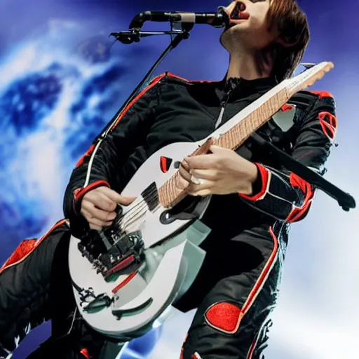 Prompt: Matt bellamy portrait, with a spacex suit playing a solo guitar among a huge crowd of fans in mars