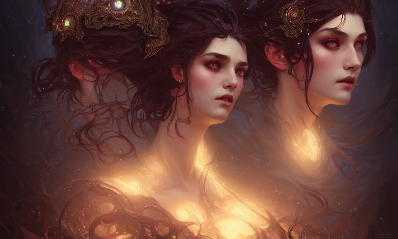 Prompt: portrait of chaos goddess closeup filled background around face, fantasy magic, undercut hairstyle, dark light night, intricate, elegant, sharp focus, illustration, highly detailed, digital painting, concept art, matte, art by wlop and artgerm and greg rutkowski and alphonse mucha, masterpiece