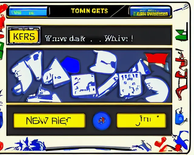 Prompt: You Don't Know Jack, 1995 trivia game software, white and blue text on a black background