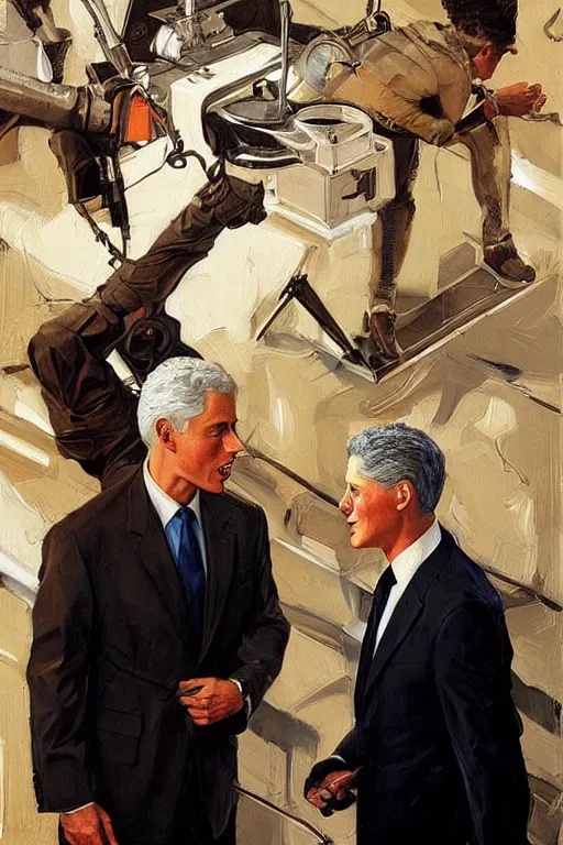 Image similar to jeffrey epstein and bill clinton, painting by jc leyendecker!! phil hale!, angular, brush strokes, painterly, vintage, crisp