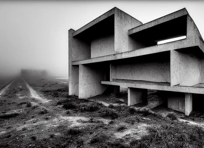 Prompt: High resolution black and white photograph with a 35mm F/22.0 lens of a Brutalist architectural building alone in the middle of a Russian wasteland in the 1980s in the middle of nowhere while foggy. Highly detailed Realistic, Refined, Highly Detailed, fine art fashion photography