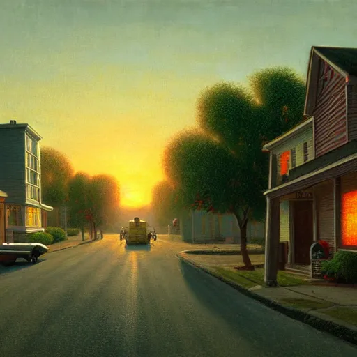 Image similar to a detailed cinematic render of a utopian 1 9 5 0 s american neighborhood at sunset by steven outram, photoreal