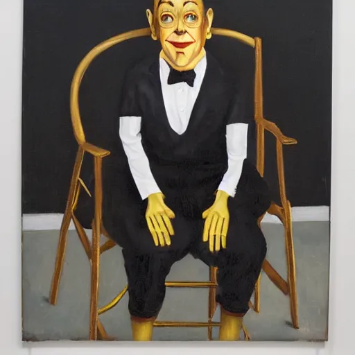 Image similar to oil painting of ventriloquist's dummy, sitting on chair with black leather seat, gold theater tragedy mask on floor, black curtains in background, by paula rego