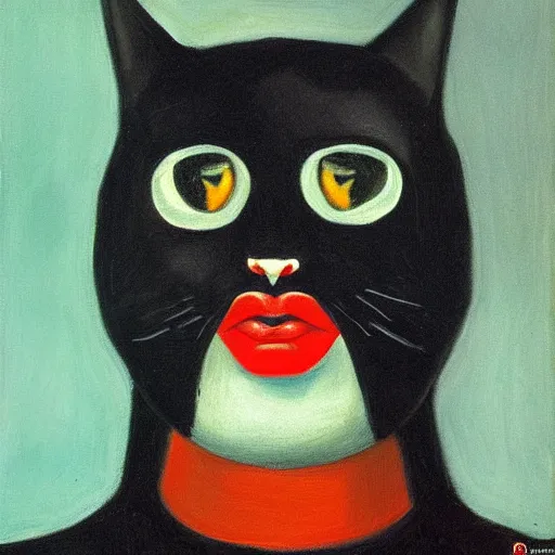 Prompt: black cat with human face in style of Petrov-Vodkin, 4k, hyper realistic,