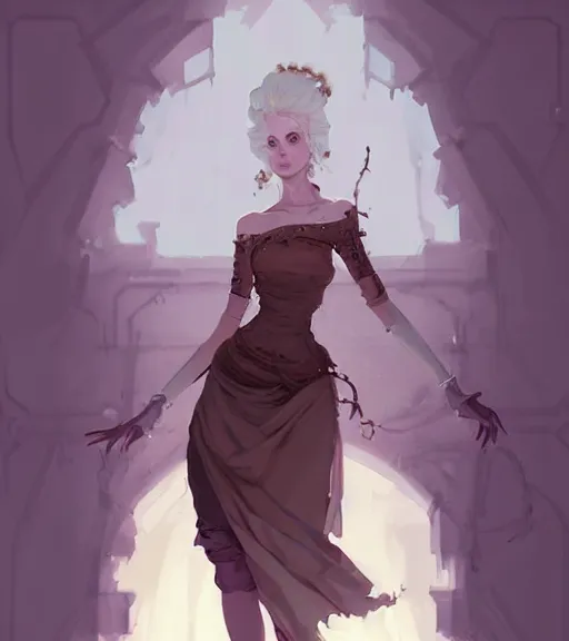 Image similar to portrait of a baroque dress design from fantasy world for dragon queen by atey ghailan, by greg rutkowski, by greg tocchini, by james gilleard, by joe fenton, by kaethe butcher, dynamic lighting, gradient light blue, brown, blonde cream and white color scheme, grunge aesthetic