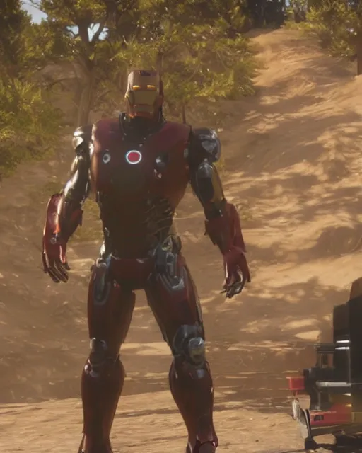 Image similar to robust and bulky iron man suit in red dead redemption 2, cinematic, photorealistic