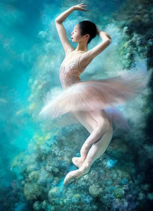 Image similar to stunningly beautiful, asian prima ballerina at the bottom of the great barrier reef, smooth, focus, highly detailed, hyper realistic, dramatic lighting, elegant, intricate, concept art, art by wlop, mars ravelo, greg rutowski