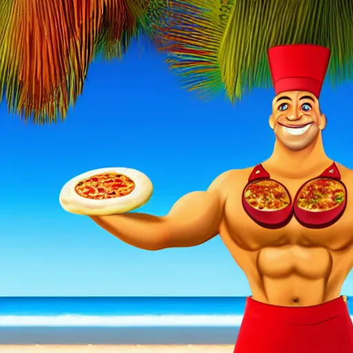 Image similar to render of muscular pizza man, beach background