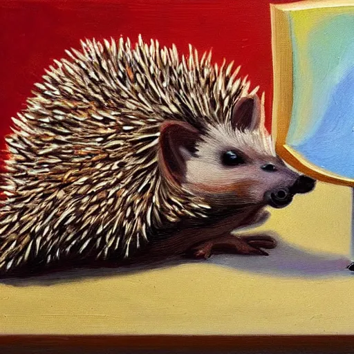 Image similar to hedgehog melting in the heat with a fan pointing at the hedgehog, oil on canvas, detailed, art