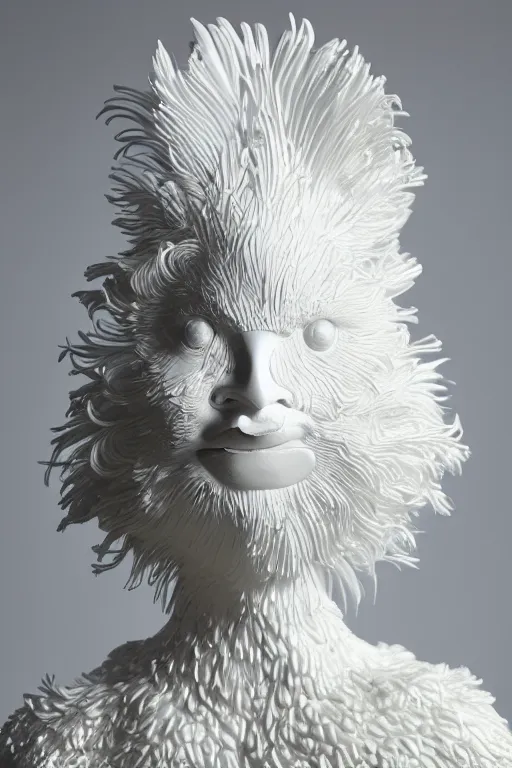 Prompt: full head and shoulders, realistic bjork porcelain rooster sculpture, smooth, delicate facial features, white eyes, white lashes, detailed white, lots of 3 d gold, all white features on a white background, by daniel arsham and james jean