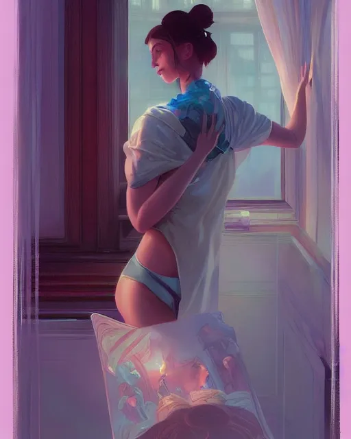 Image similar to emily rajtkowski, posing, vaporwave, bedroom, highly detailed, digital painting, artstation, concept art, smooth, sharp focus, illustration, art by artgerm and greg rutkowski and alphonse mucha