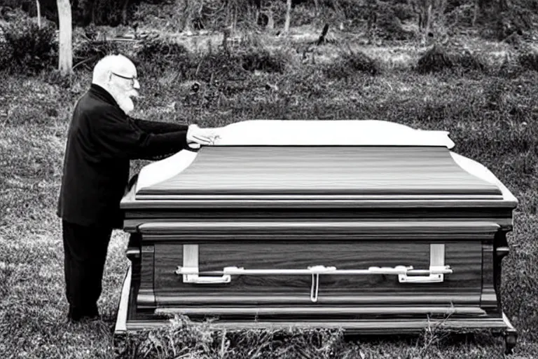 Image similar to a creepy old man playing a piano in the shape of a casket, with other caskets piled up in the back