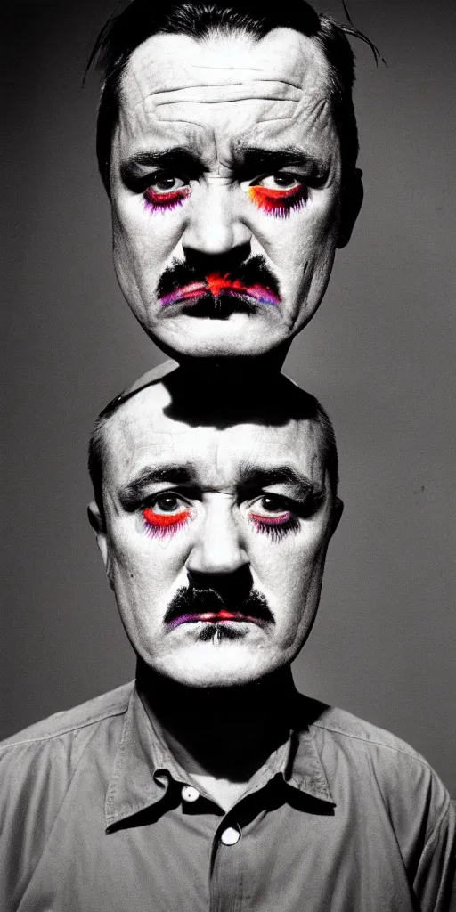 Image similar to award winning photo of mike patton mixed with hitler, vivid colors, happy, symmetrical face, beautiful eyes, studio lighting, wide shot art by roger ballen & francis bacon