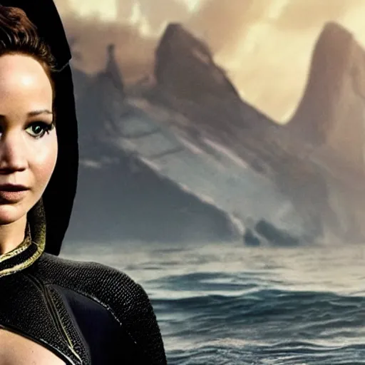 Prompt: still of Jennifer Lawrence as Namor in new Marvel Movie (2029)